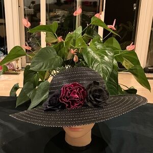 Black Wide-Brim Straw Hat with Pink and Black Floral Trim